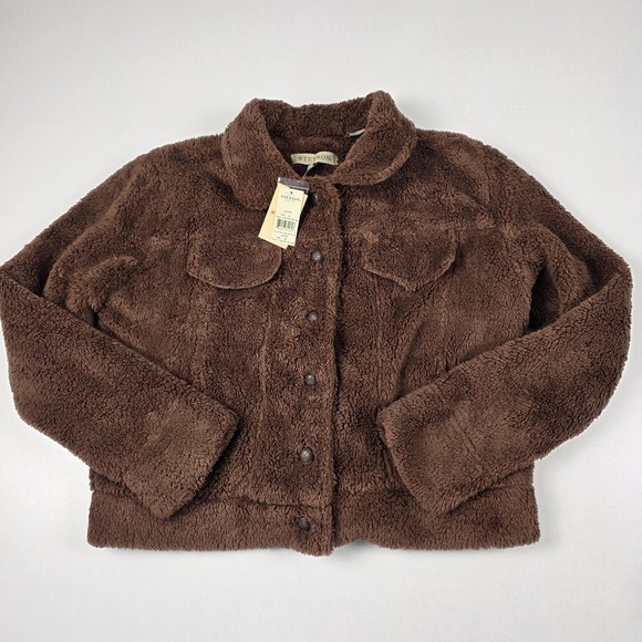 Stetson Jackets & Blazers - Stetson Jacket Womens Medium Brown Sherpa Fleece Snap Front Collared Teddy